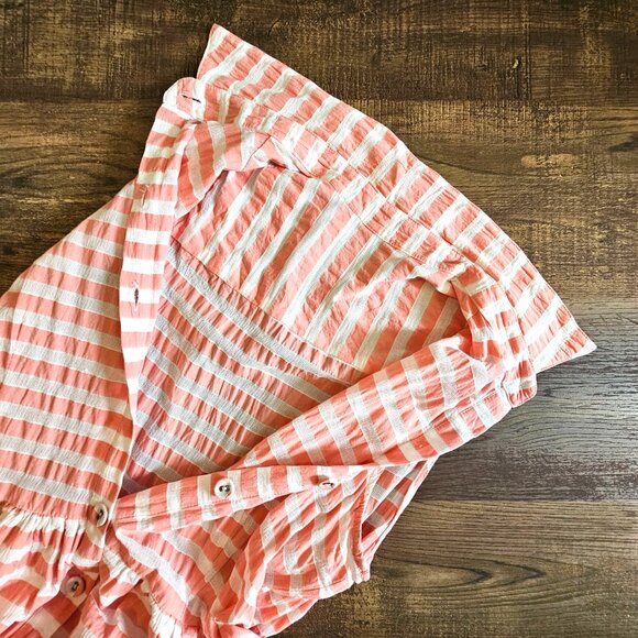 Sleeveless Cotton Blend Crinkle Plisse Striped A-Line Sundress Shirt Dress M - Picture 9 of 11